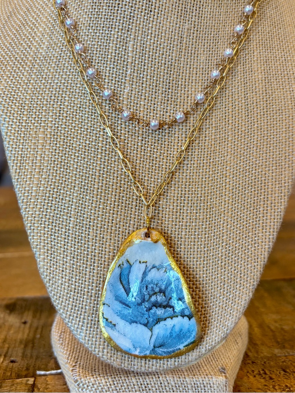 Necklace with Blue Floral Peony Oyster Shell Pendant and Pearl Chain stack